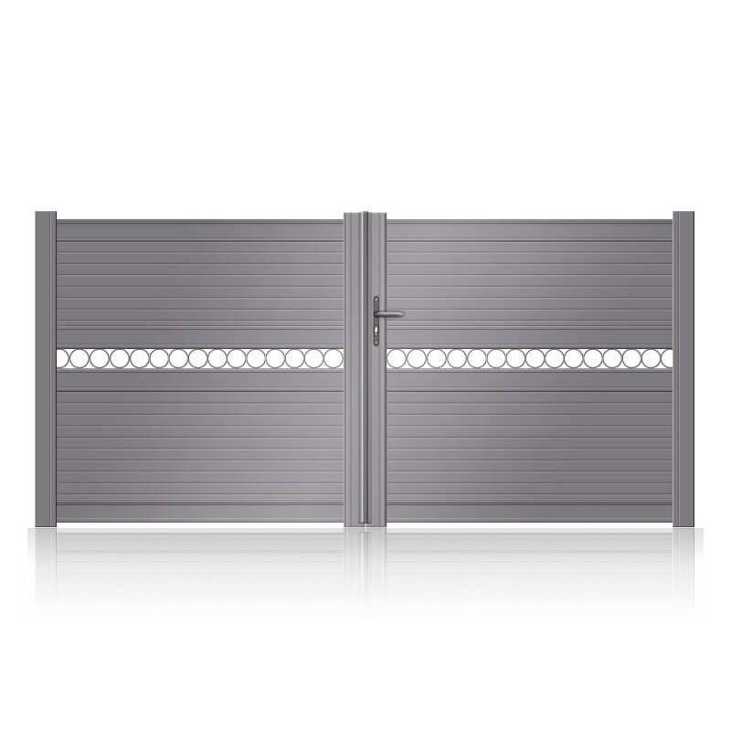 Portail alu battant NOZAY semi-plein avec ronds de 10cm de diamètres