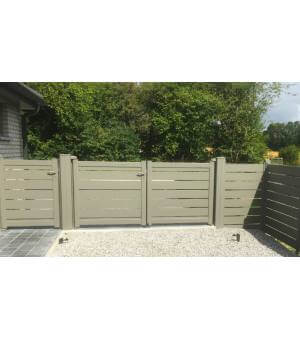 Portail alu battant ajouré METZ avec piliers alu de soutien et clôture assortie alignée