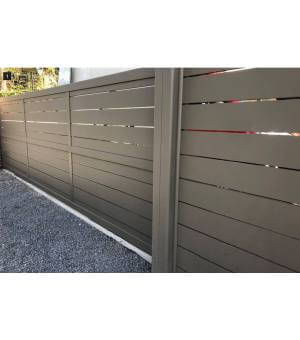 Portail coulissant alu METZ aspect 3 vantaux et traverse pour grandes dimensions - coloris RAL 7039 Gris quartz