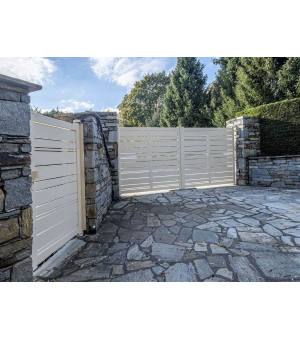 Ensemble portail alu battant et portillon assorti SPI à lames et barreaux horizontaux ajourés